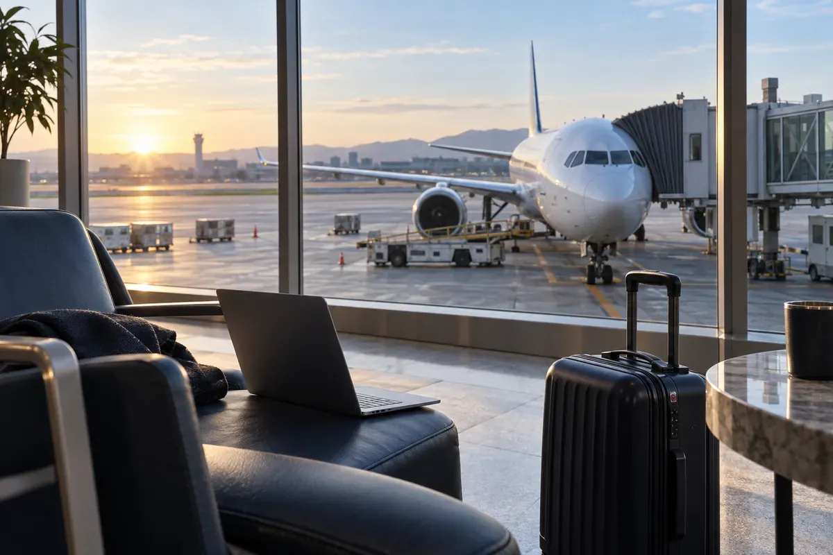 Planung von Geschäftsreisen ab Stuttgart: Flugzeug am Gate und Reisegepäck im Terminal.