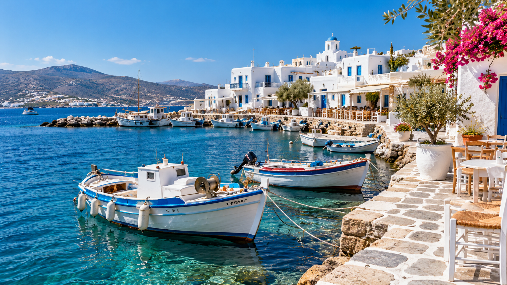 Kykladischer Hafen mit weißen Häusern und blauem Meer – von Paros inspirierte KI-Illustration