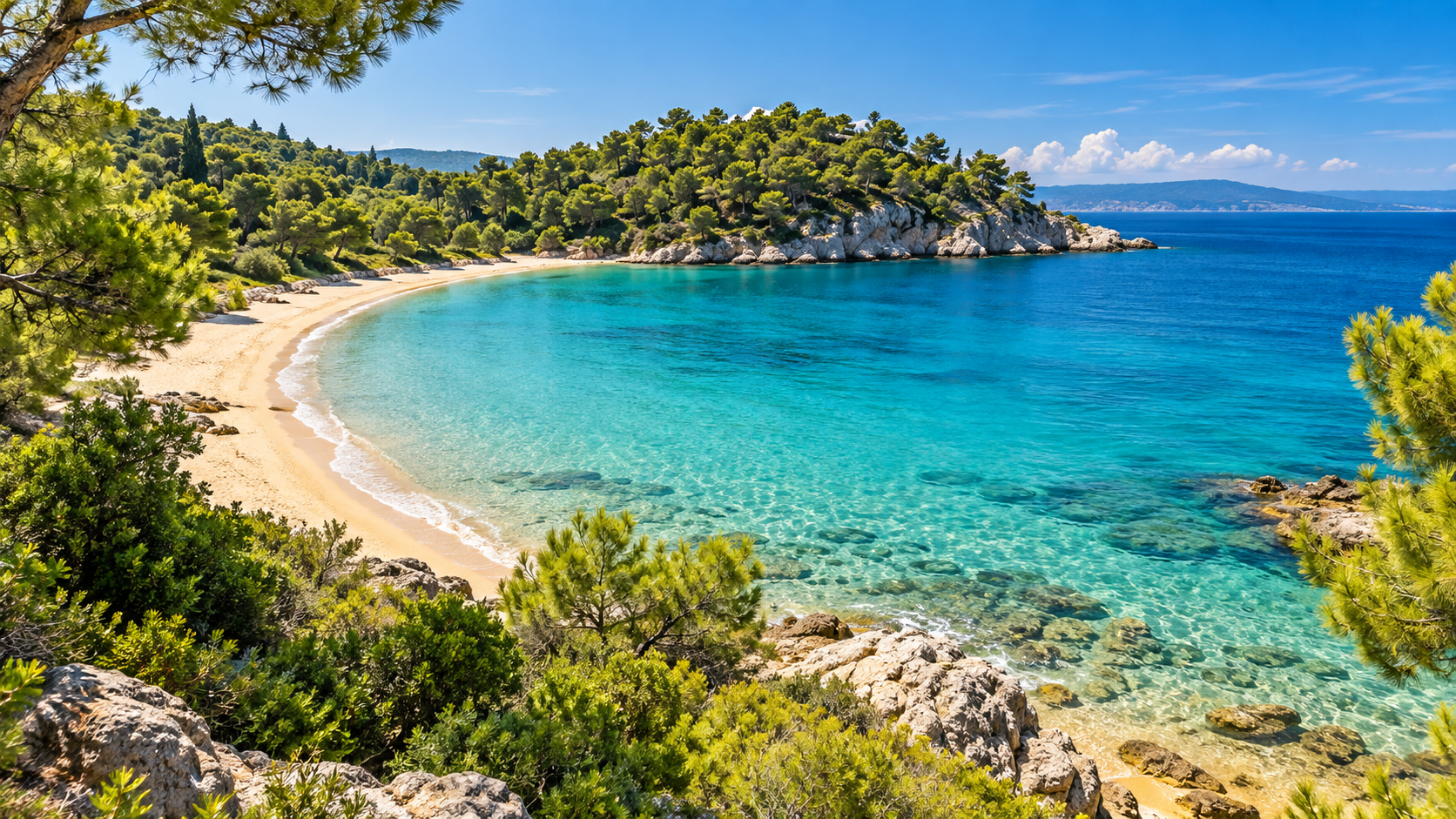 Türkisblaues Meer und piniengesäumte Bucht – von Chalkidiki inspirierte KI-Illustration