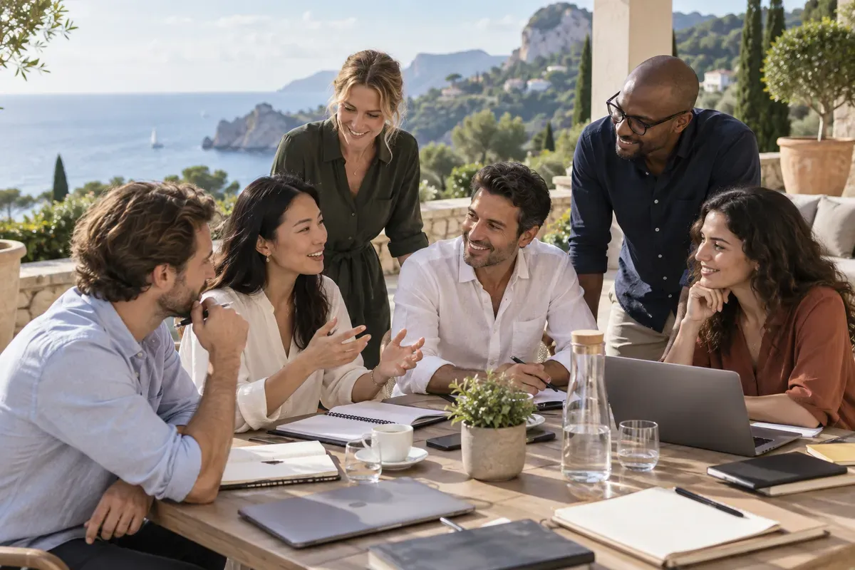 Planung von Geschäftsreisen und Teamevents im Reisebüro Stuttgart Milaneo: Team-Workshop auf einer Hotelterrasse.