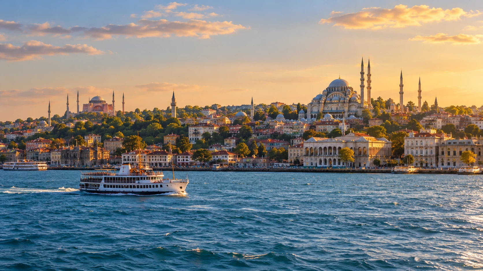 Istanbul am Bosporus mit Fähre und historischer Stadtsilhouette – KI-Illustration für Türkei Urlaub ab Stuttgart