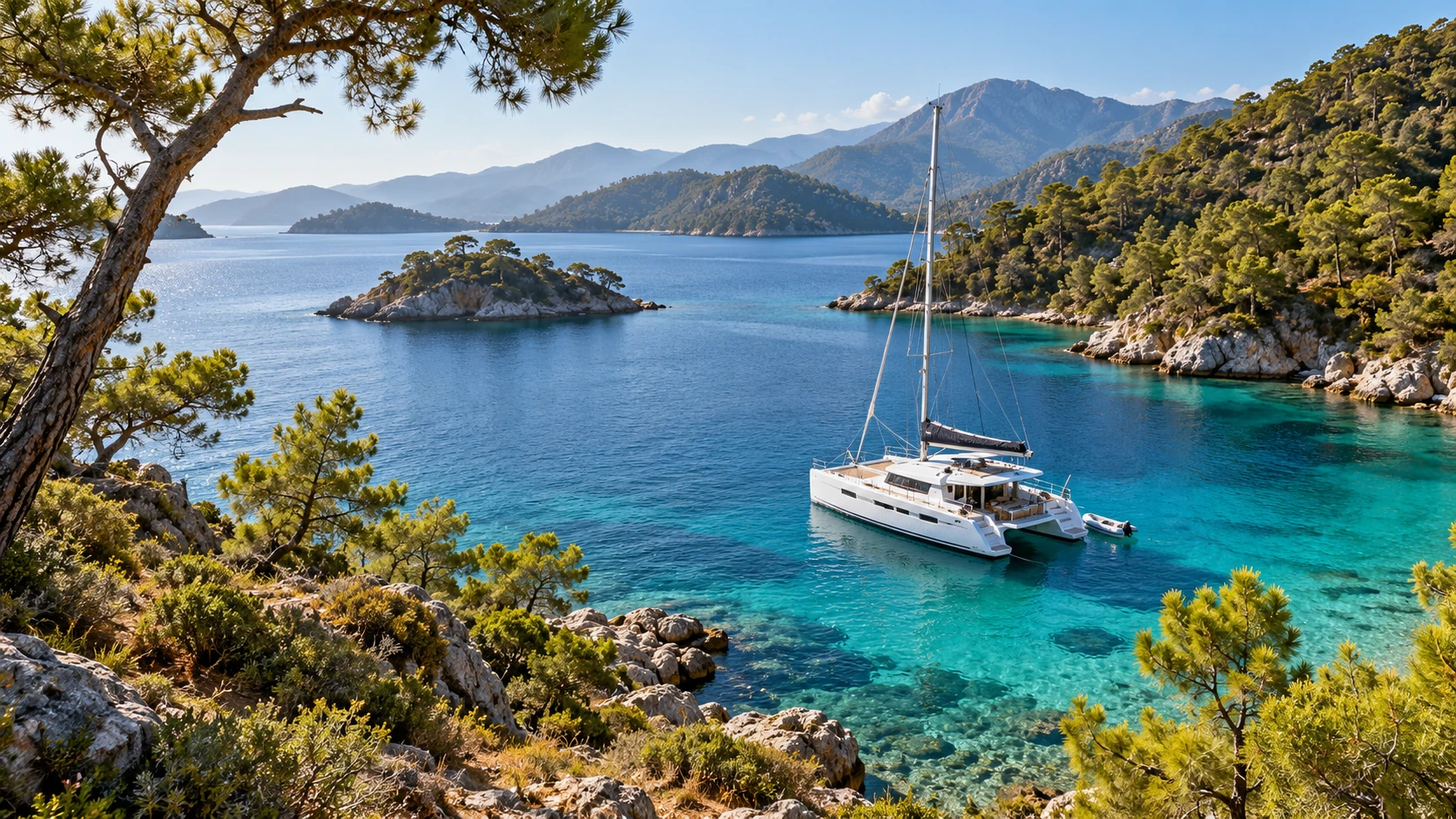 Katamaran in einer türkisblauen Bucht an der südwestlichen türkischen Küste – von Fethiye und Göcek inspirierte KI-Illustration